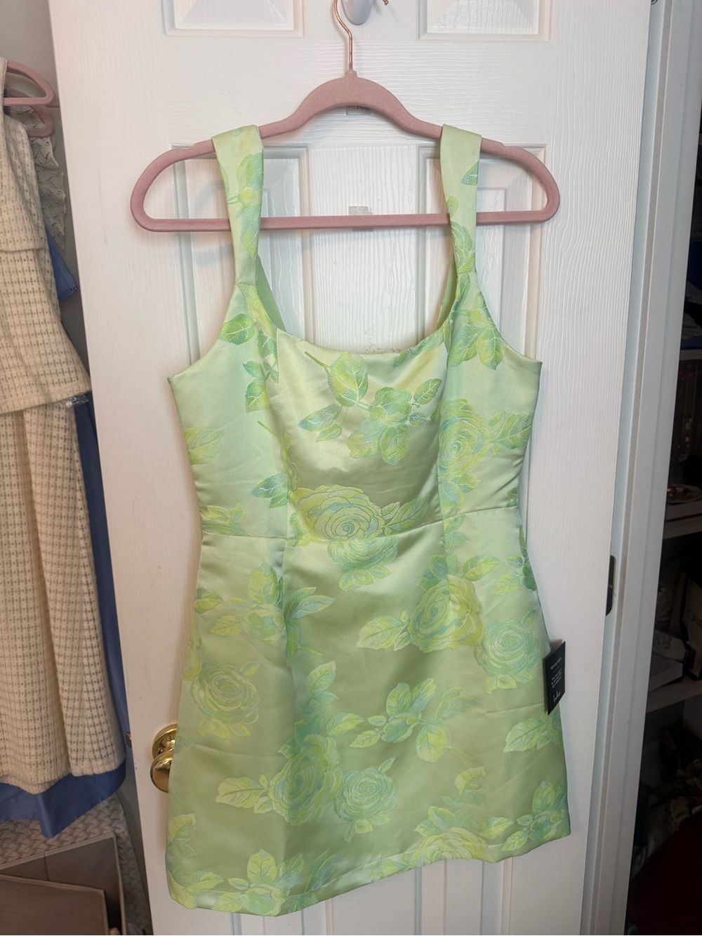 Lulu's Light Green Floral Jacquard Mini Dress